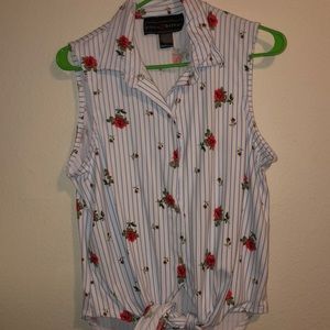 White button-up sleeveless floral blouse